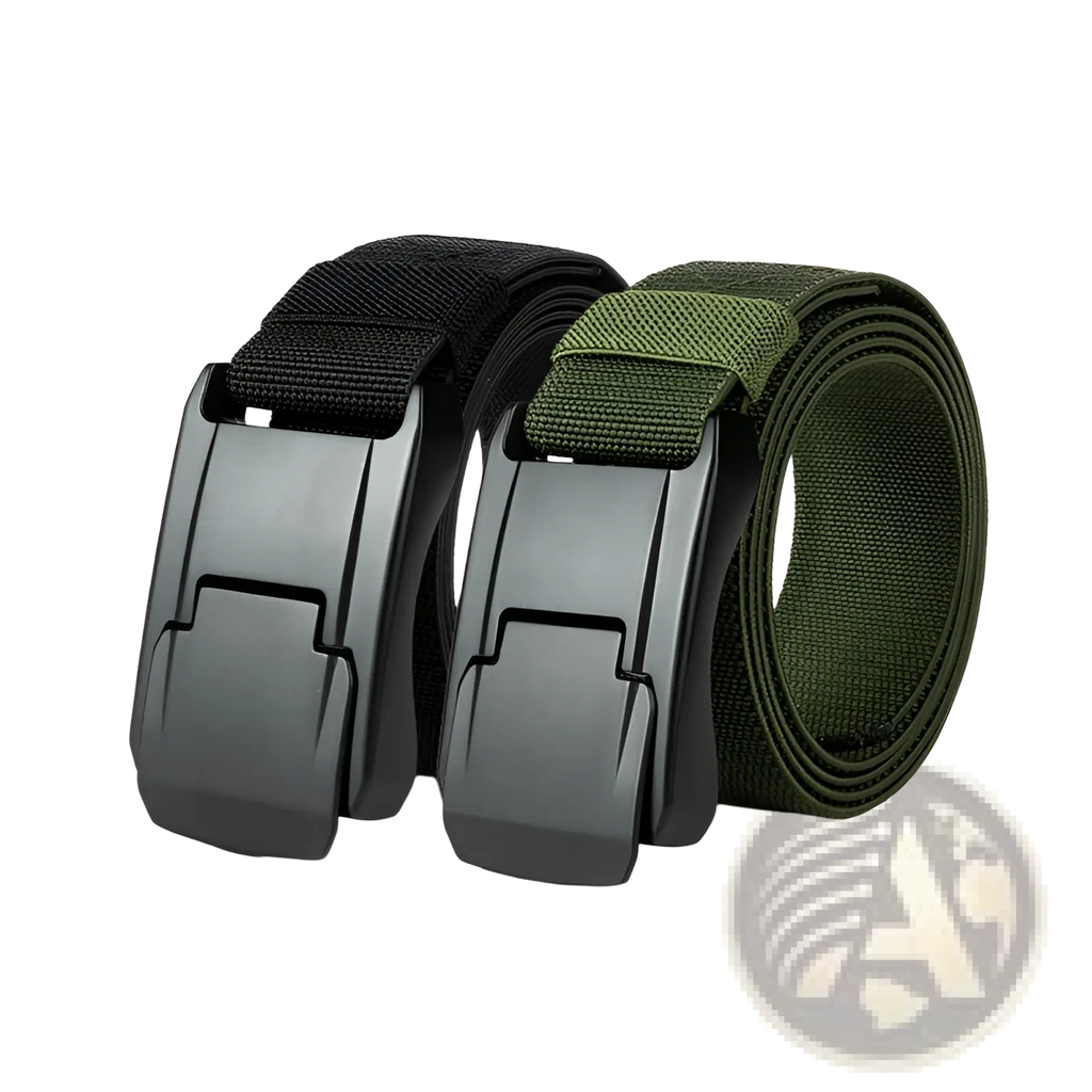 Black and olive green tactical stretch woven belts with matte black plastic automatic buckles for secure wear