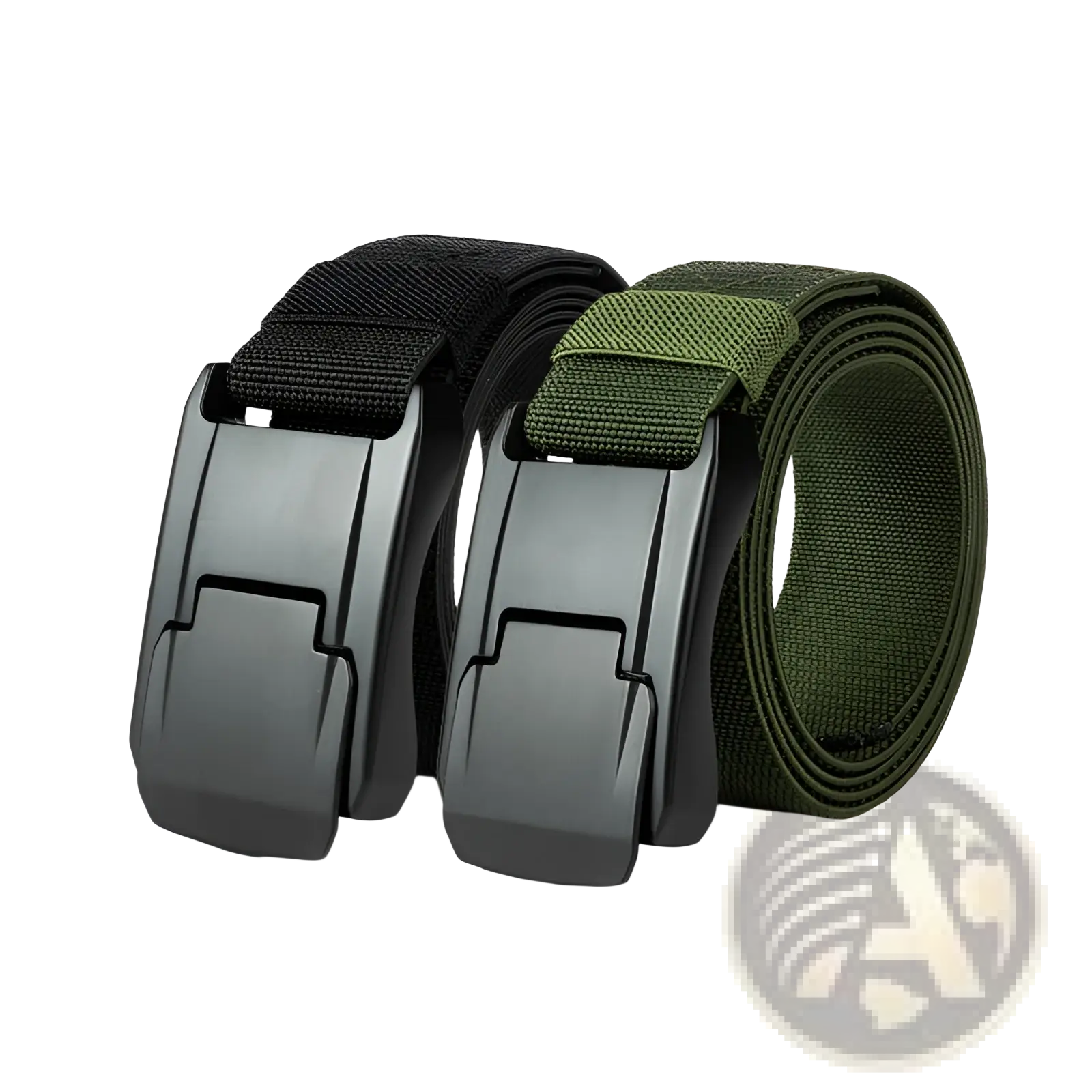 Black and olive green tactical stretch woven belts with matte black plastic automatic buckles for secure wear