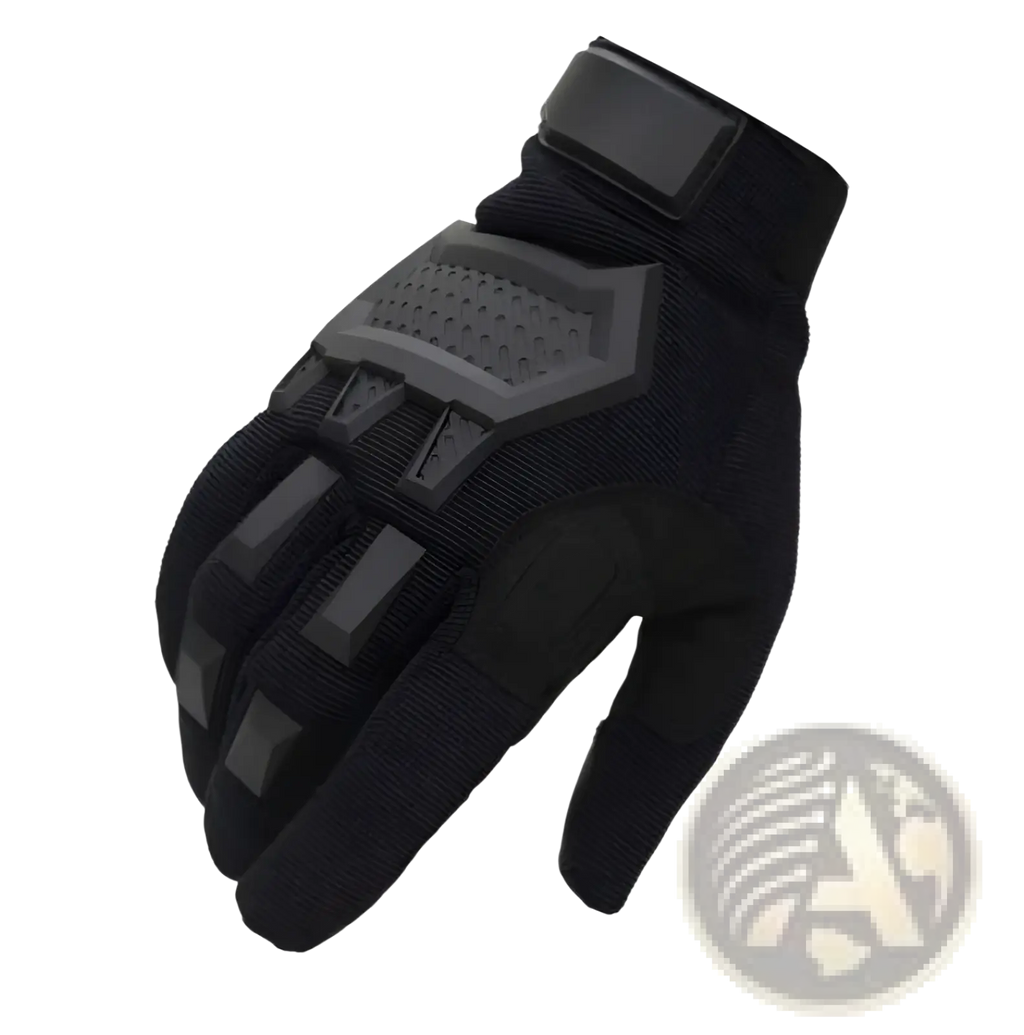 Black tactical touch screen military glove with reinforced padding on back of hand and durable fabric construction