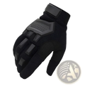 Black tactical touch screen military glove with reinforced padding on back of hand and durable fabric construction
