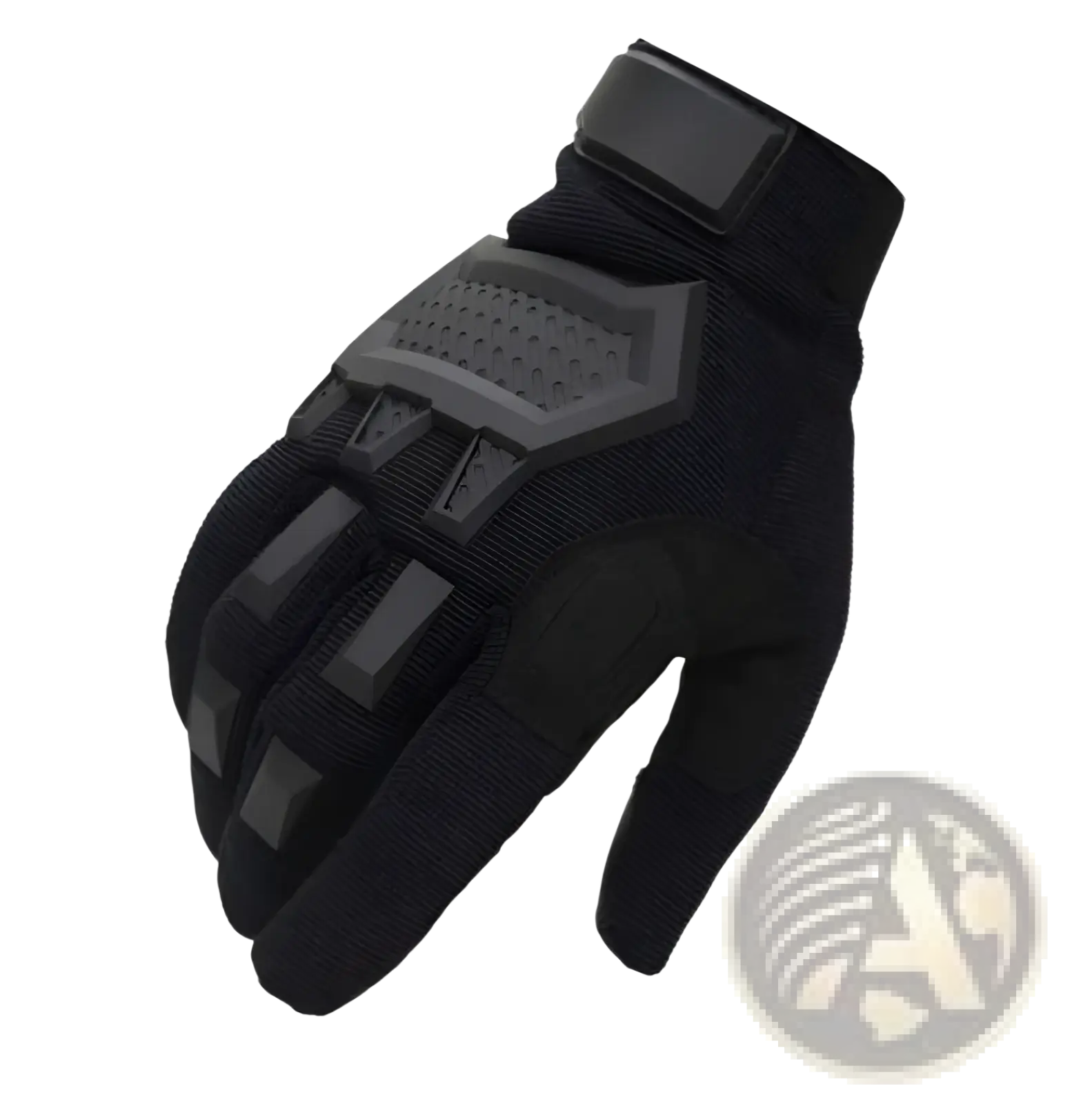 Black tactical touch screen military glove with reinforced padding on back of hand and durable fabric construction