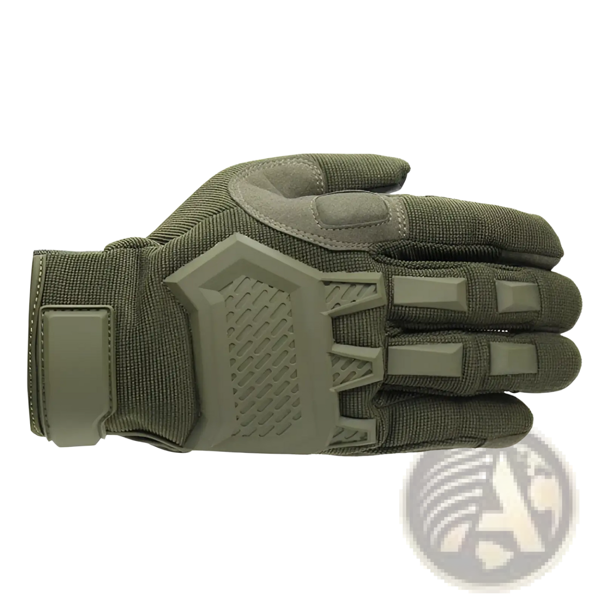 Olive green tactical touch screen military glove with reinforced palm and finger padding made of durable mesh fabric