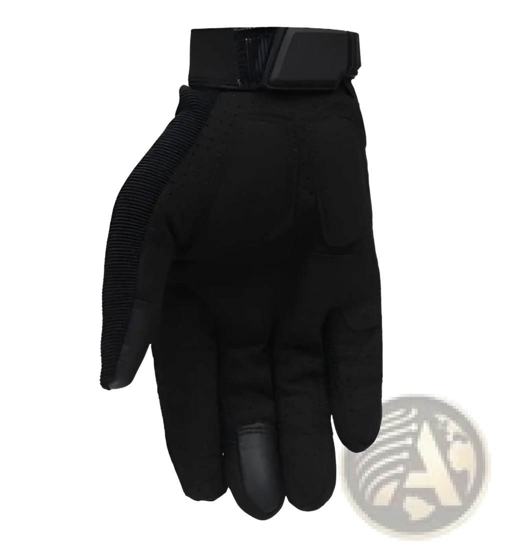 Black tactical touch screen military glove with reinforced fingertips and breathable mesh panels shown from the back side