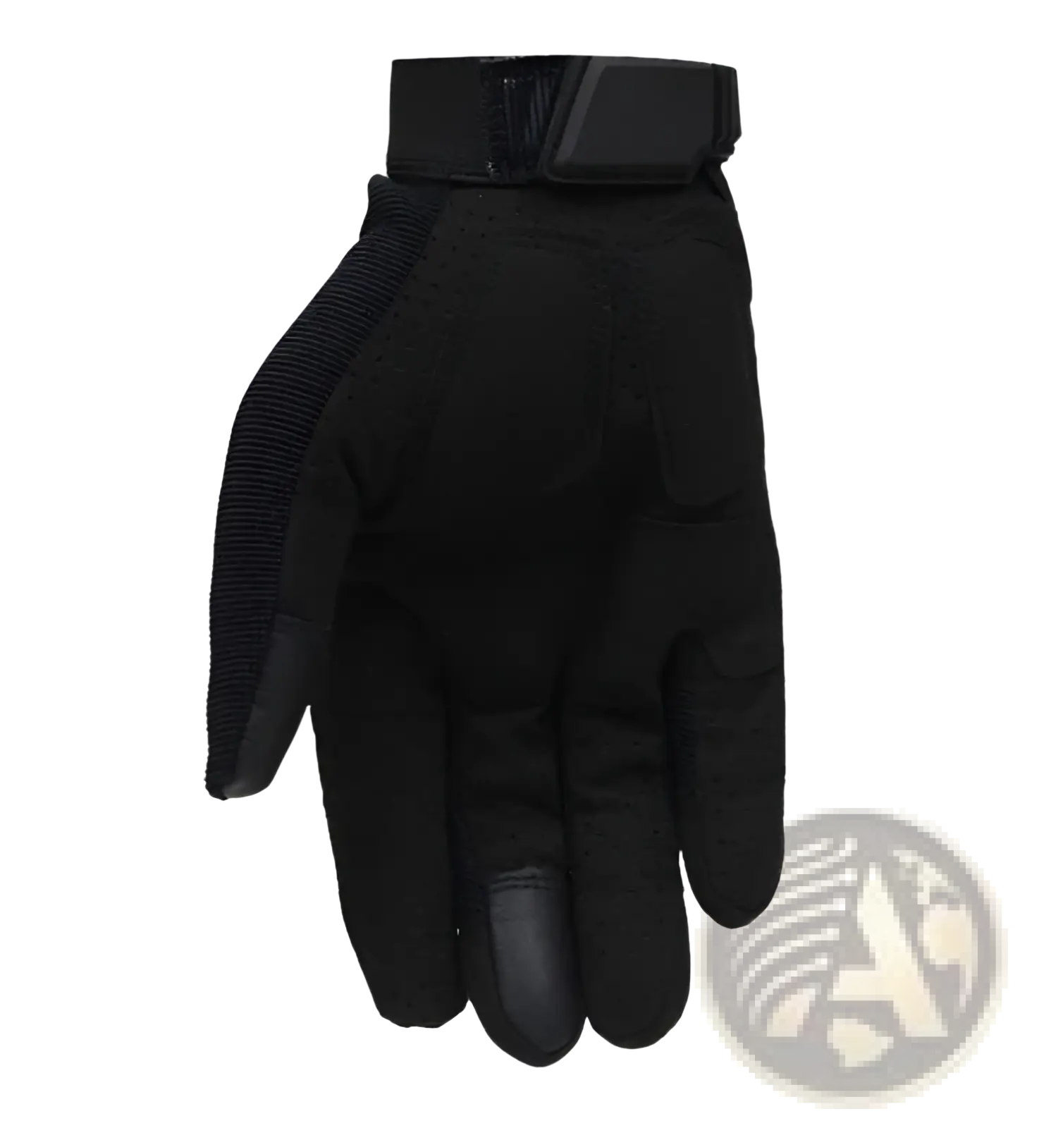 Black tactical touch screen military glove with reinforced fingertips and breathable mesh panels shown from the back side