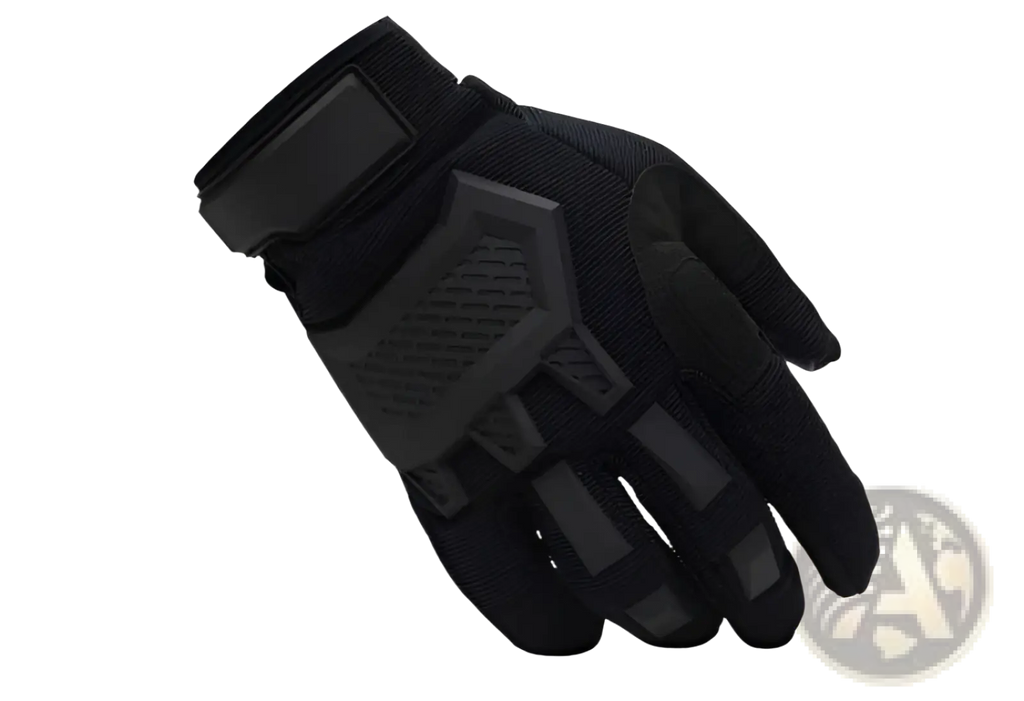 Black tactical touch screen military glove with reinforced palm and finger padding and durable mesh fabric back side