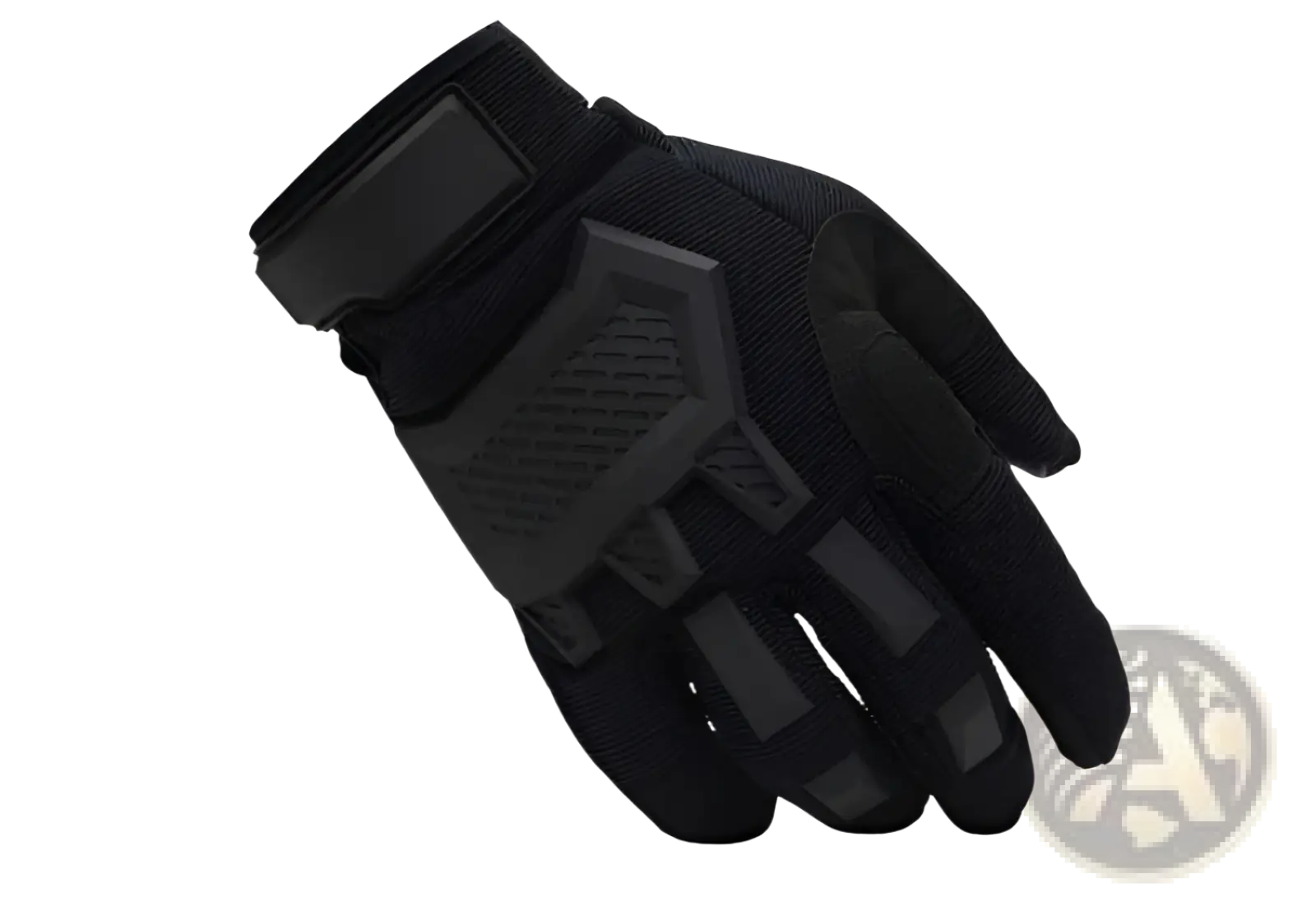 Black tactical touch screen military glove with reinforced palm and finger padding and durable mesh fabric back side