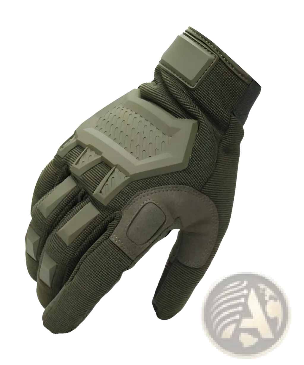 Olive green tactical touch screen military glove with reinforced palm knuckle padding and durable fabric construction back side
