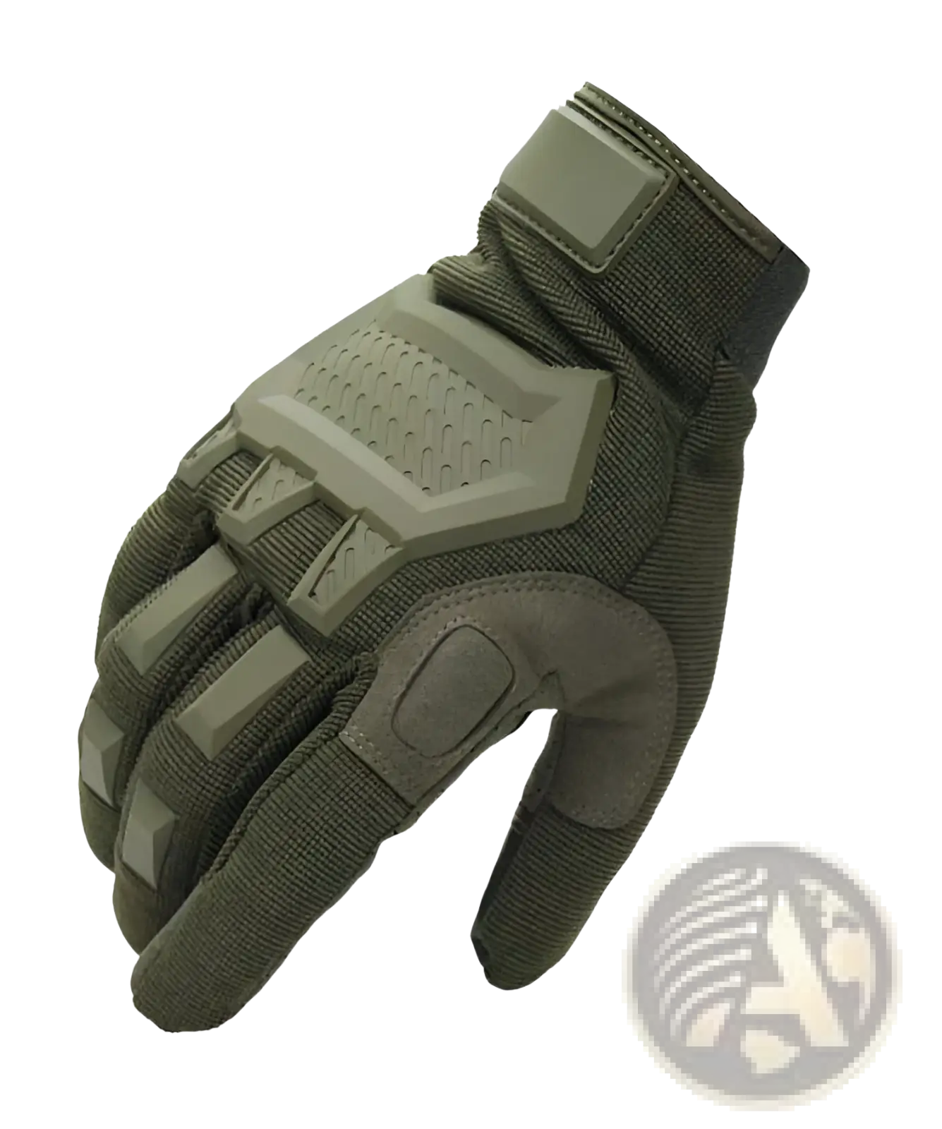 Olive green tactical touch screen military glove with reinforced palm knuckle padding and durable fabric construction back side
