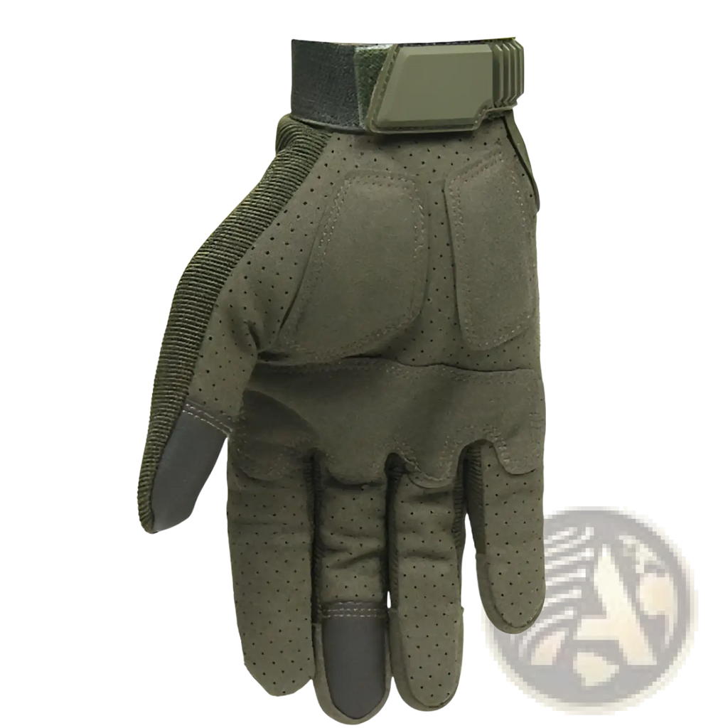 Olive green tactical touch screen military glove with perforated palm and reinforced knuckle padding visible from back side