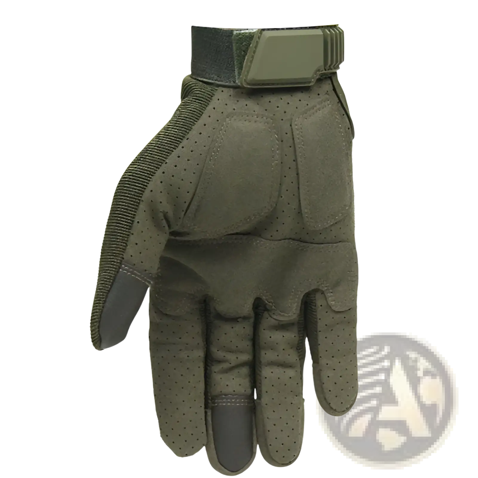 Olive green tactical touch screen military glove with perforated palm and reinforced knuckle padding visible from back side