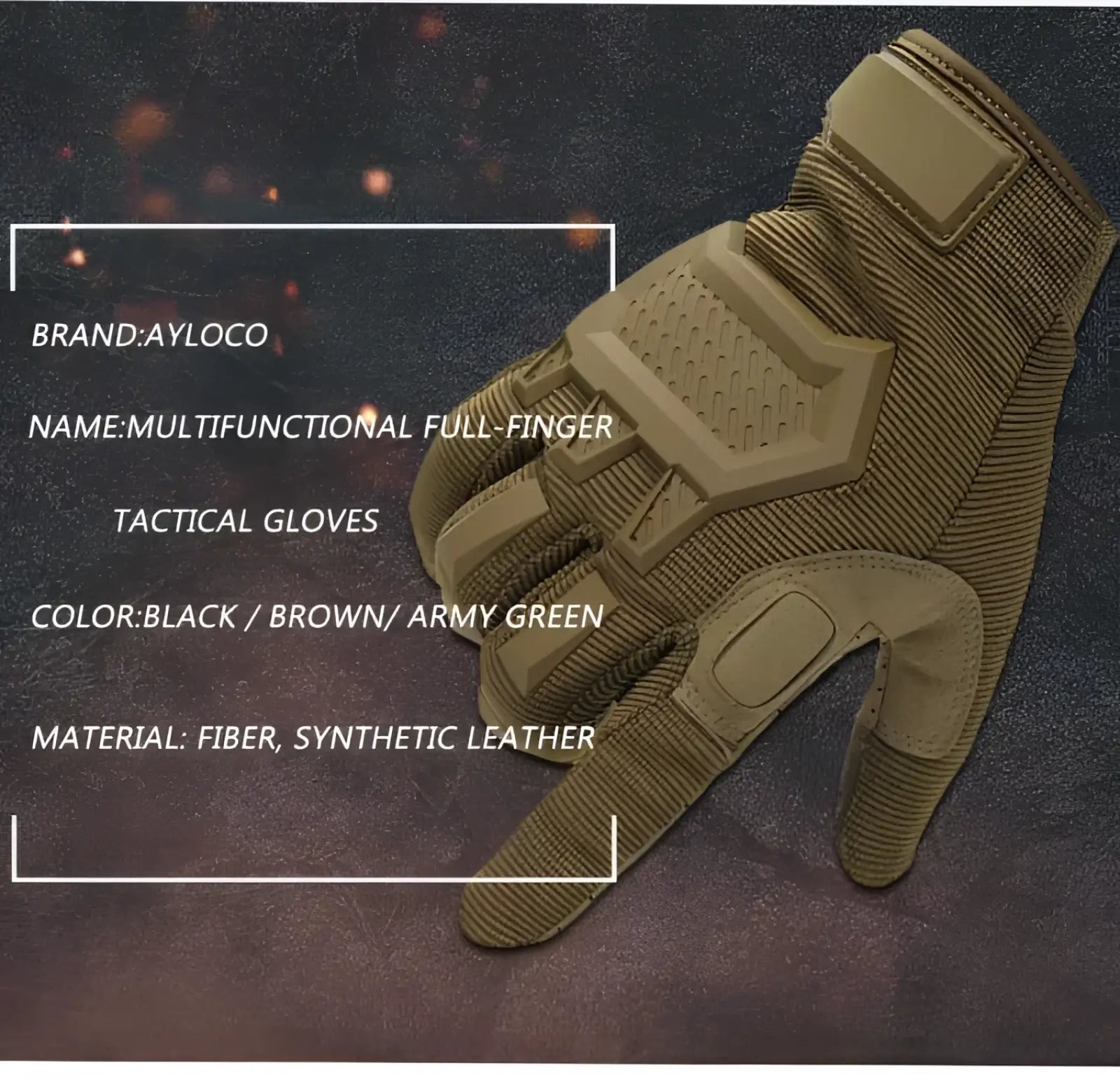 Tan army green tactical touch screen military gloves with reinforced fiber and synthetic leather padding on the back side
