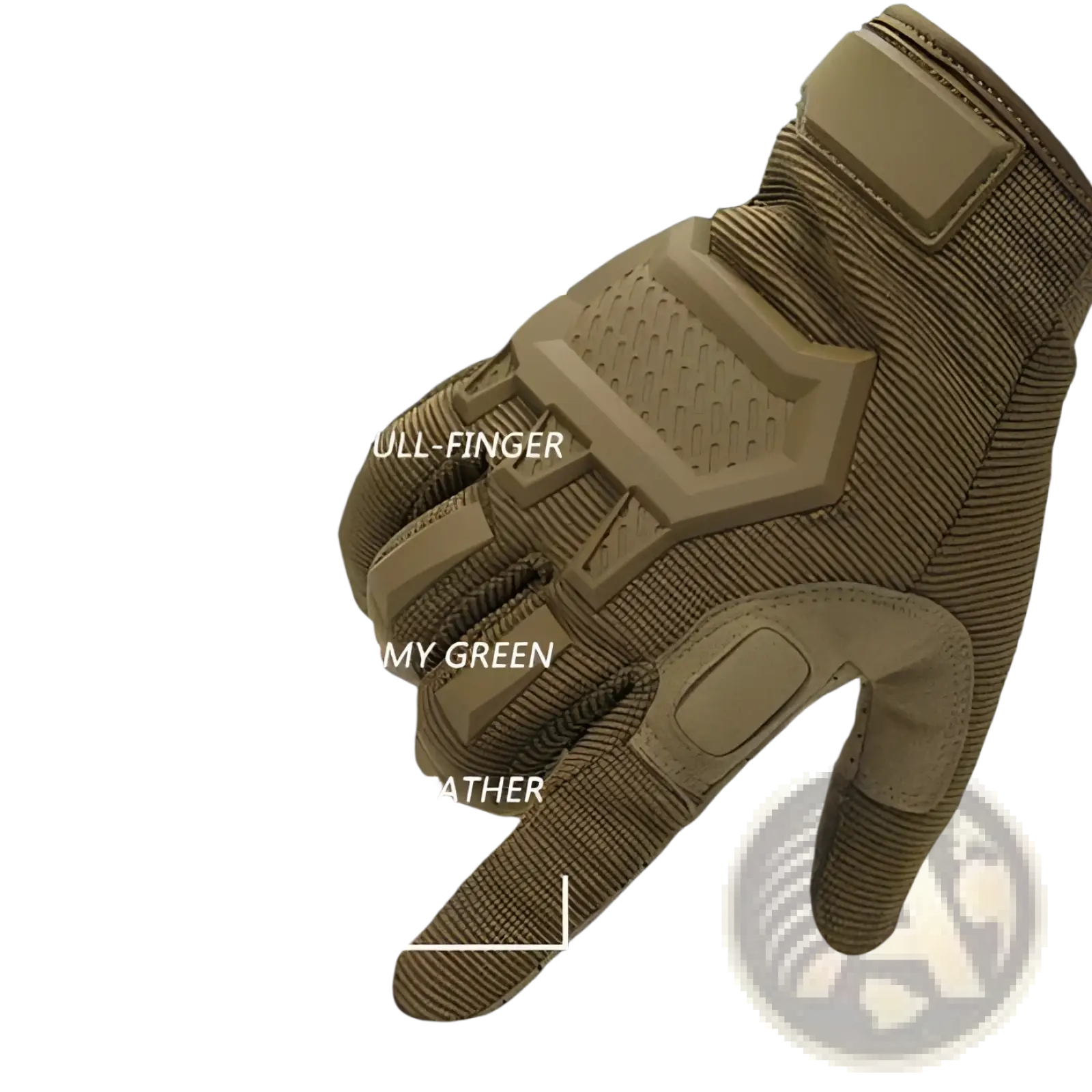 Tan tactical touch screen military glove with reinforced palm and finger armor made of fiber and synthetic leather back side