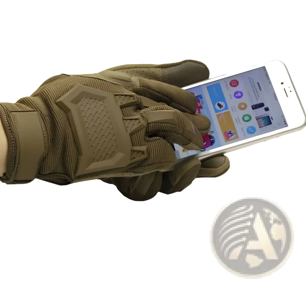 Tan tactical touch screen military glove with reinforced palm and fingers, textured grip, and adjustable wrist strap
