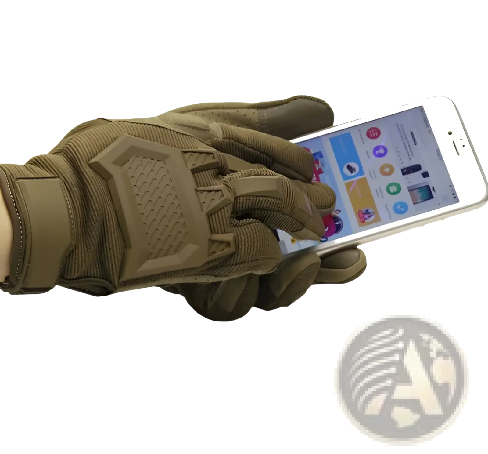 Tan tactical touch screen military glove with reinforced palm and fingers, textured grip, and adjustable wrist strap