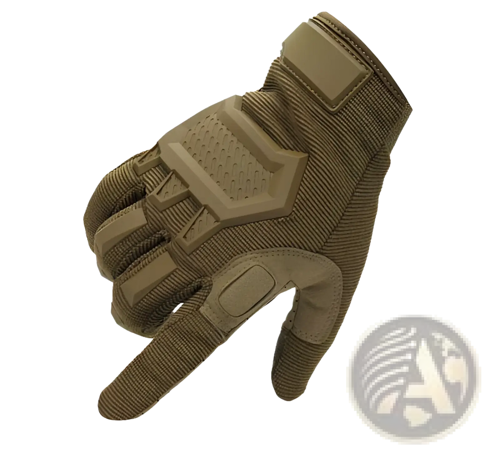 Tan tactical touch screen military glove with reinforced palm and finger padding in durable fabric construction