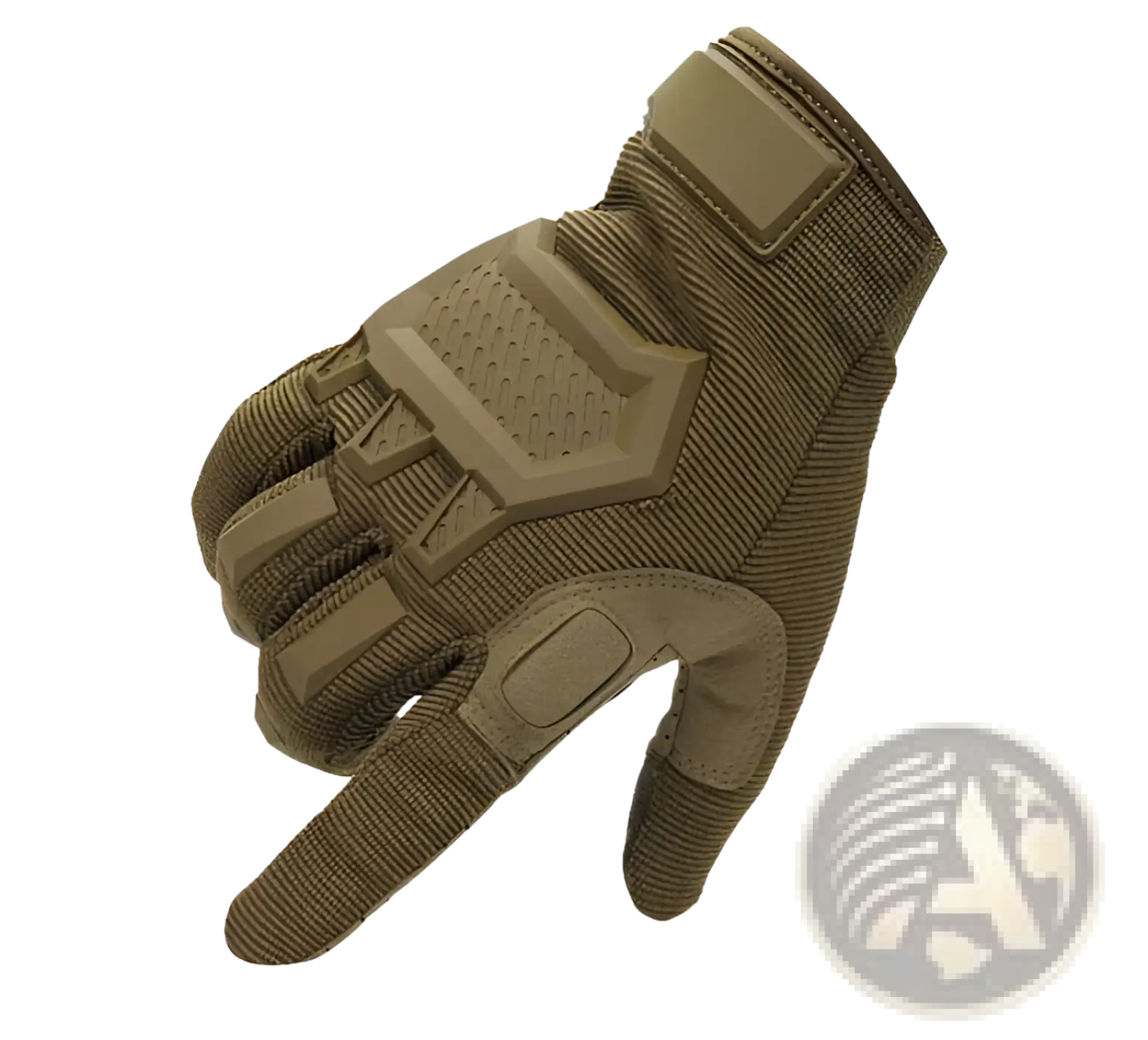 Tan tactical touch screen military glove with reinforced palm and finger padding in durable fabric construction