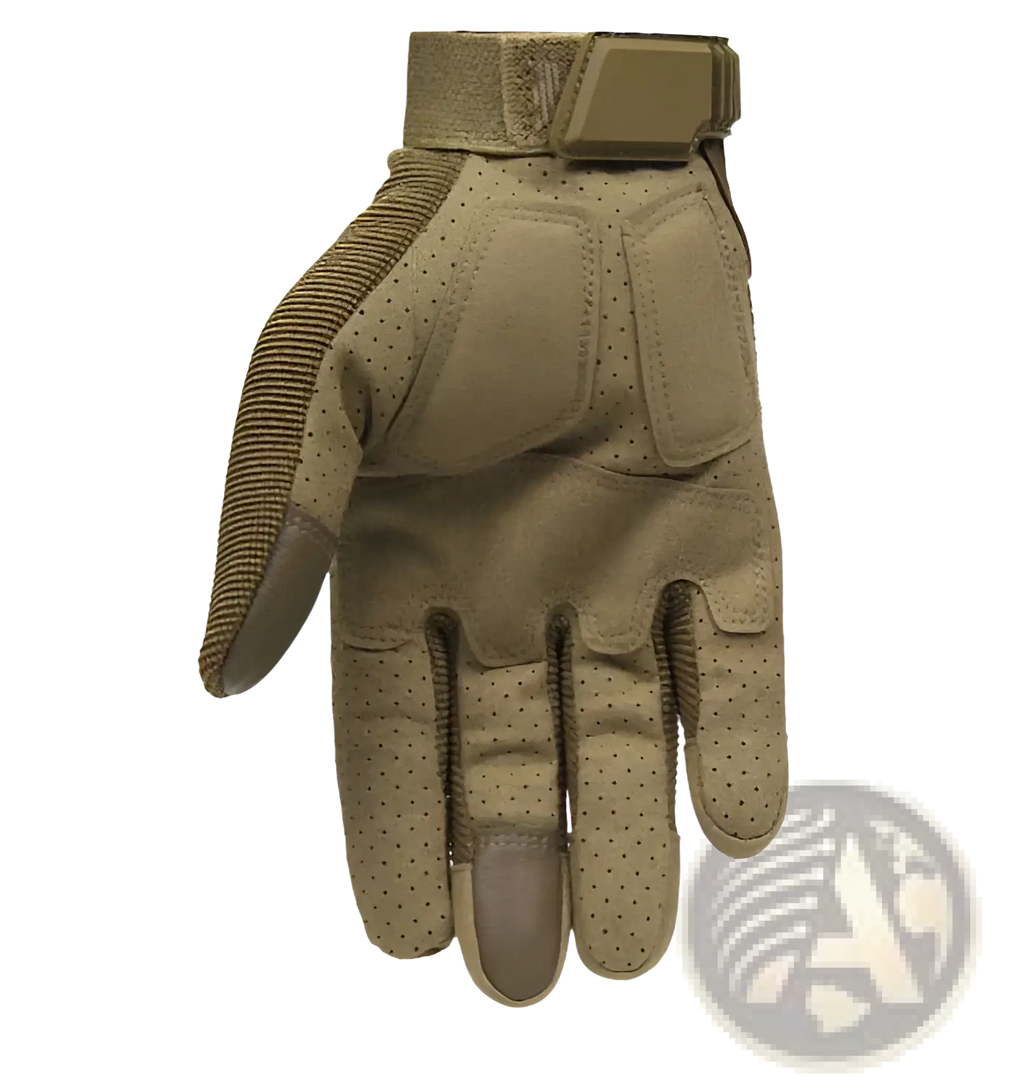 Tan tactical touch screen military glove showing back side with reinforced palm finger tips and perforated breathable material