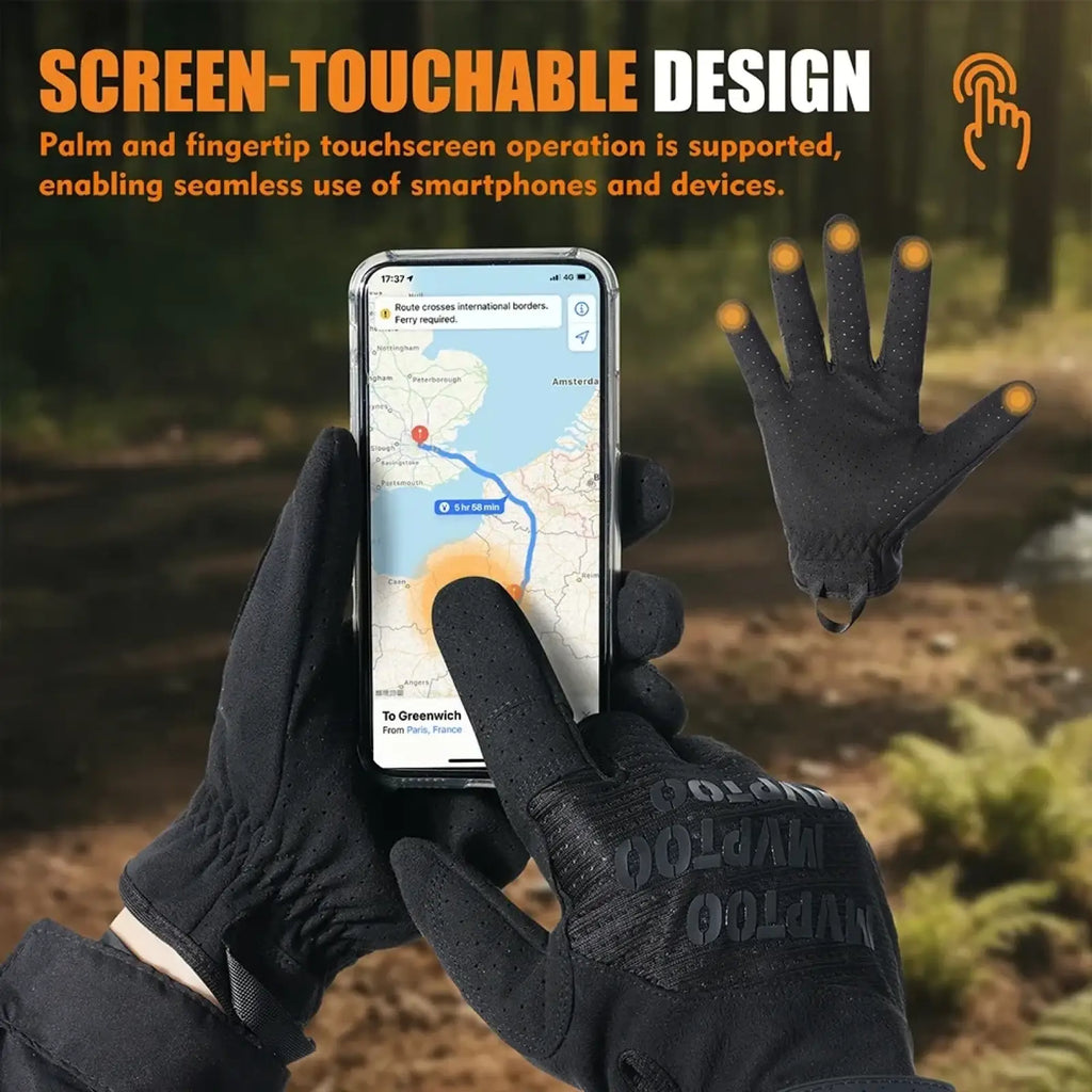 Black lightweight tactical touchscreen gloves with textured perforated design for grip and breathability showing back side