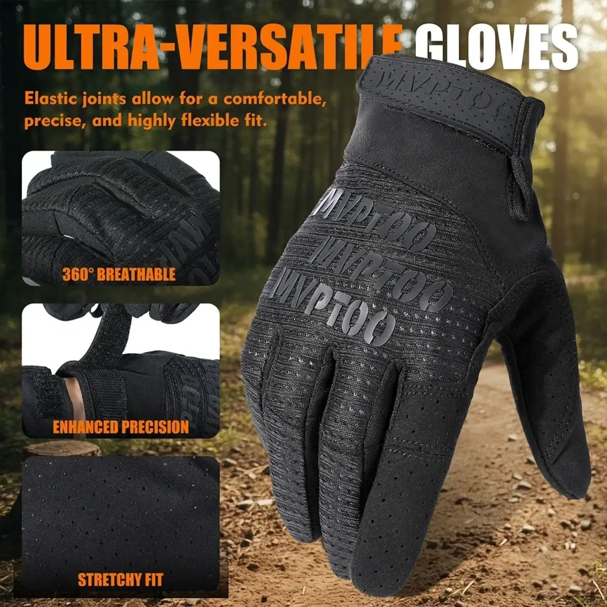 Black tactical touchscreen gloves with reinforced fingertips breathable mesh fabric and mvp too branding shown from back