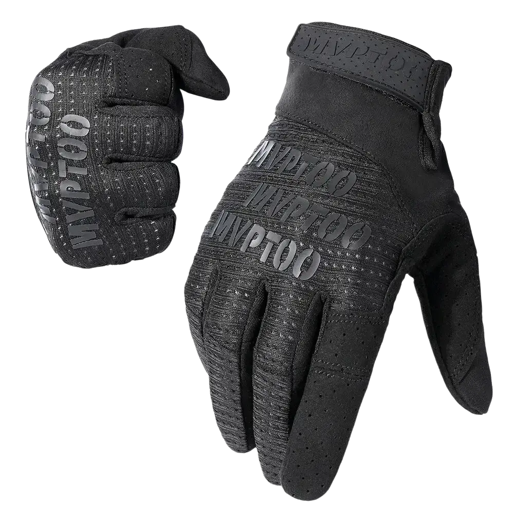 Black tactical touchscreen gloves with reinforced palms and breathable mesh for lightweight outdoor sports use