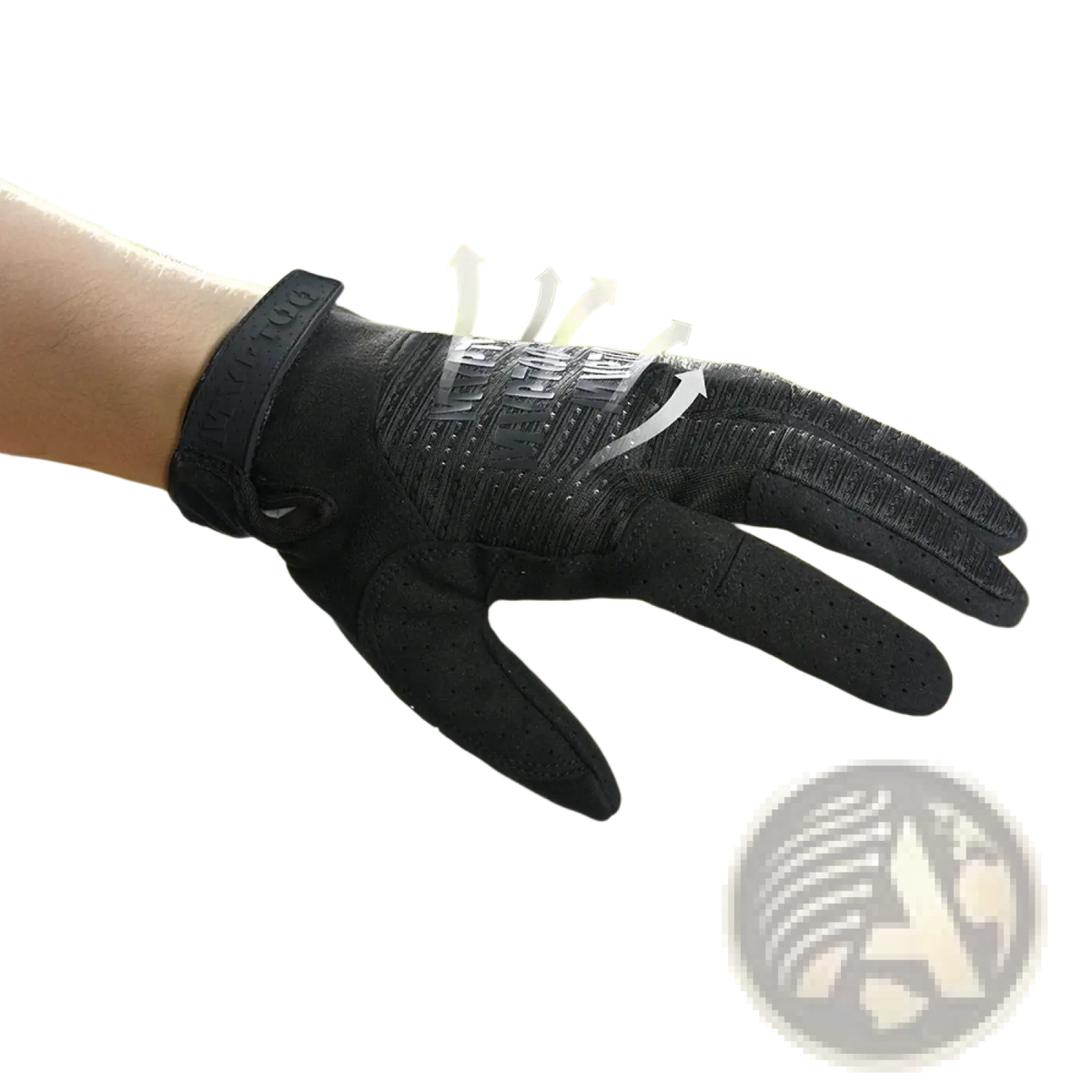 Black tactical touchscreen glove with textured grip and perforated palm for breathability lightweight outdoor sports use