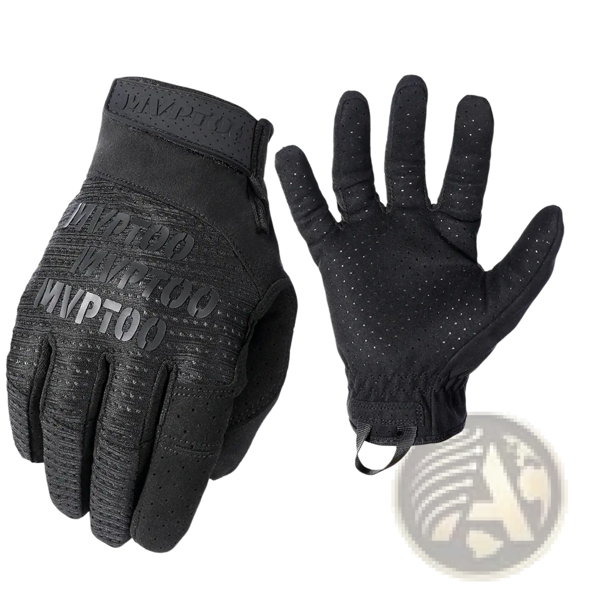 Black maco gear tactical touchscreen gloves with perforated palms and reinforced knuckles for outdoor sports
