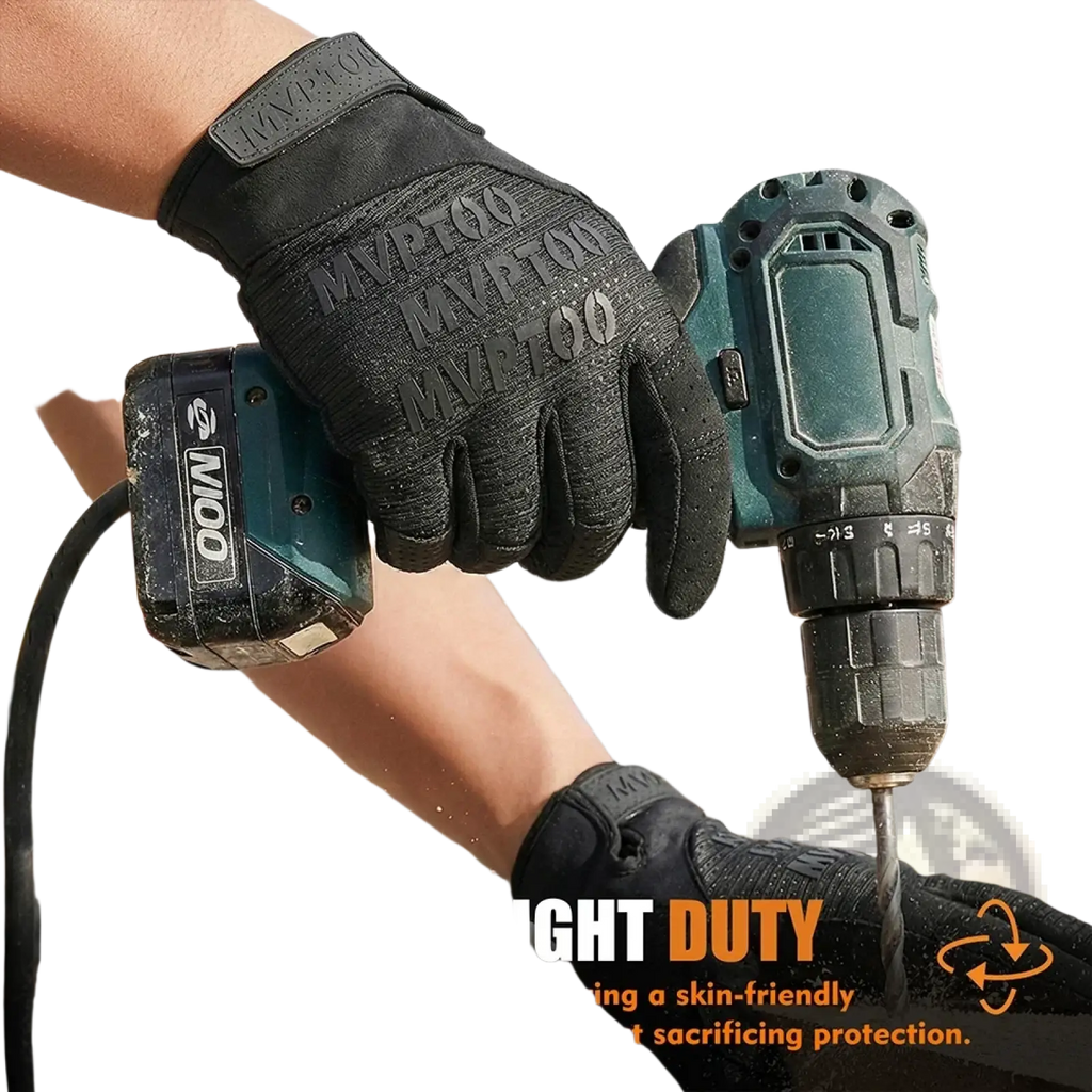 Black textured tactical touchscreen gloves with mvp100 branding designed for lightweight outdoor sports use back side