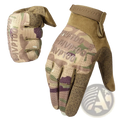 Back side of tan and green camouflage tactical touchscreen gloves with reinforced palm and mvp too logo for outdoor sports