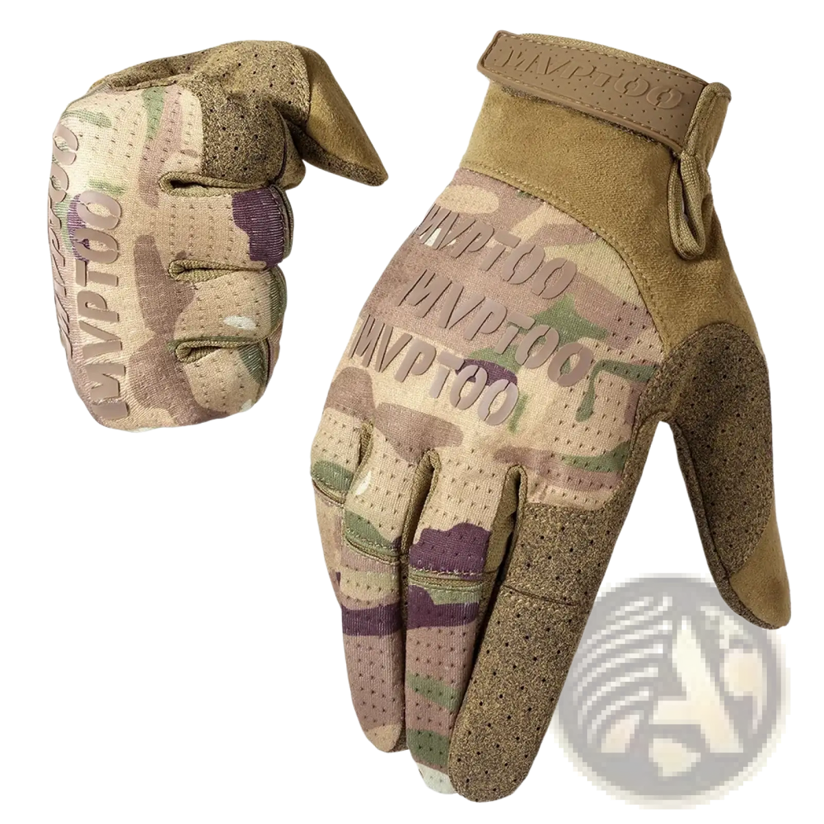 Back side of tan and green camouflage tactical touchscreen gloves with reinforced palm and mvp too logo for outdoor sports
