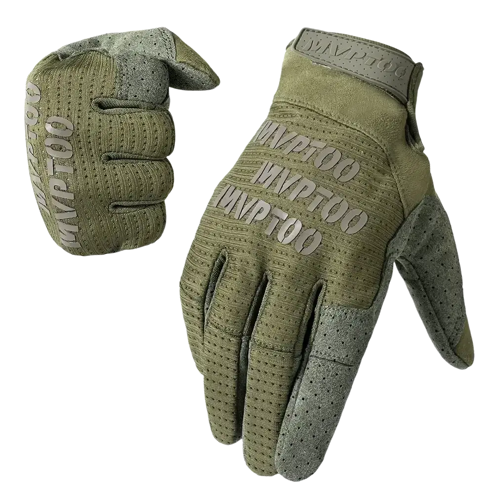 Olive green tactical touchscreen gloves with gray perforated accents and mvp100 branding for lightweight outdoor sports