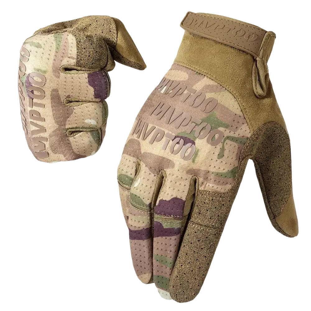Back side of tan and green camouflage tactical touchscreen gloves with reinforced palm and mvp too logo for outdoor sports