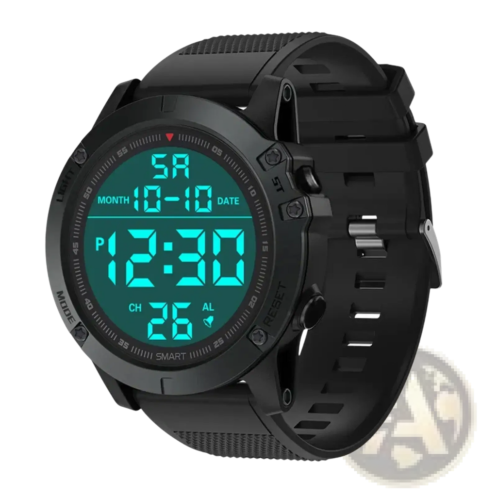 Tactical waterproof black digital sports watch with teal led display showing time date and smart features