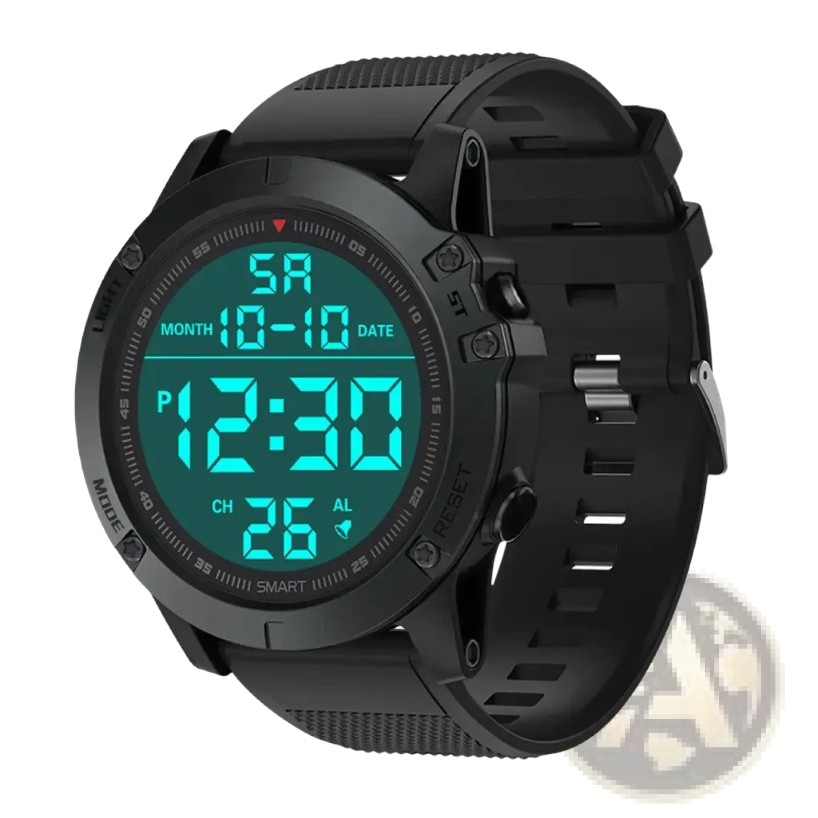 Tactical waterproof black digital sports watch with teal led display showing time date and smart features