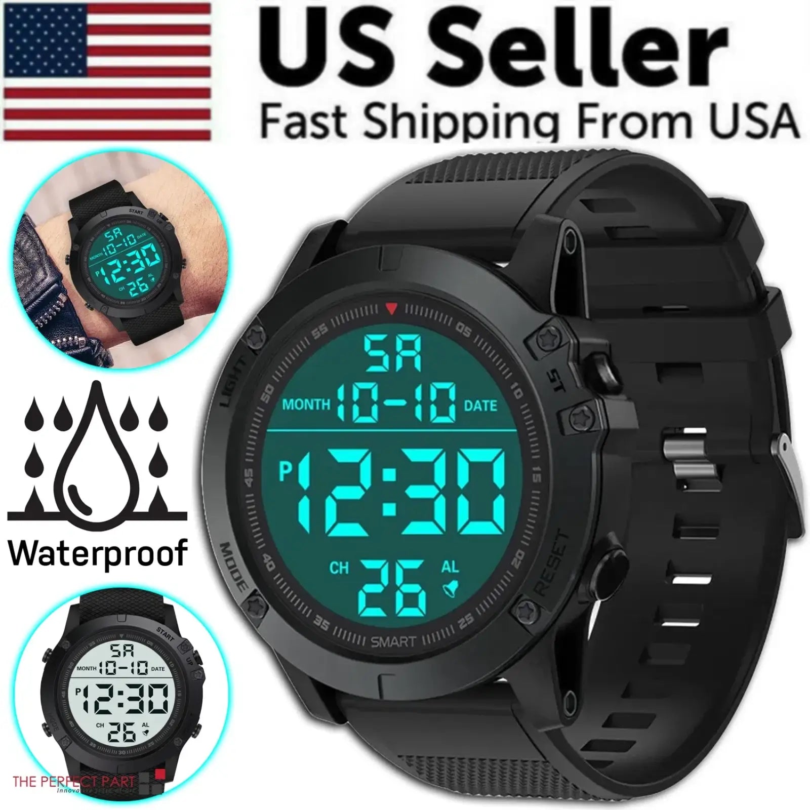 Black tactical waterproof digital sports watch with teal led display and rugged rubber strap for outdoor use