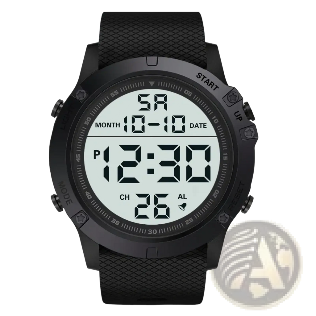 Tactical waterproof digital sports watch with black textured rubber strap and bold white led display showing time date and heart rate