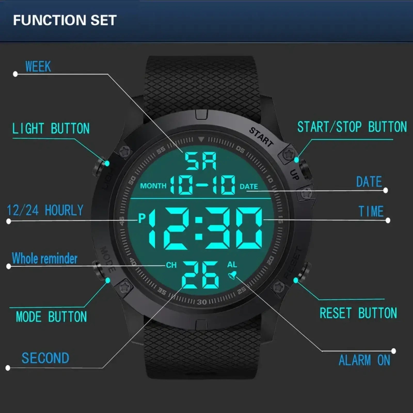 Tactical waterproof digital sports watch with black textured rubber strap and teal led display showing time and date