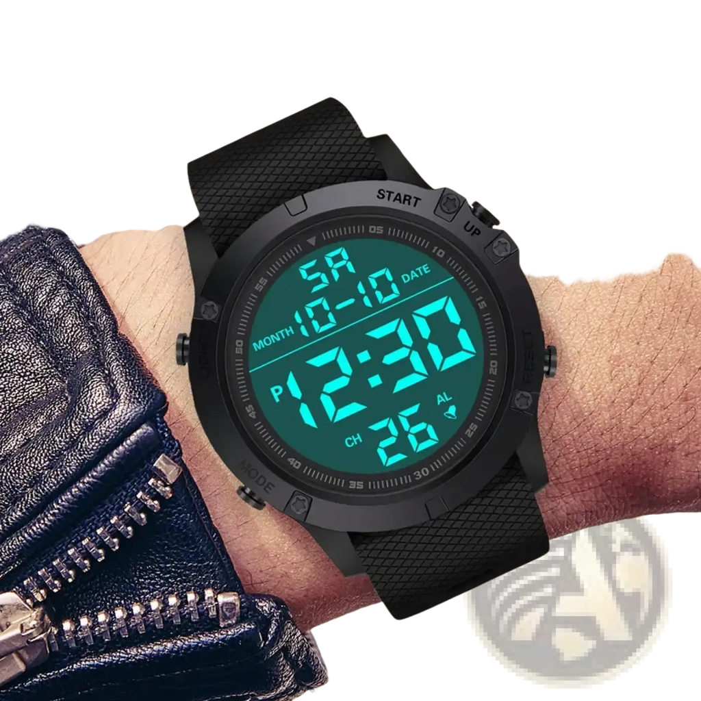 Tactical waterproof digital sports watch in black with textured rubber strap and glowing teal led time and alarm display