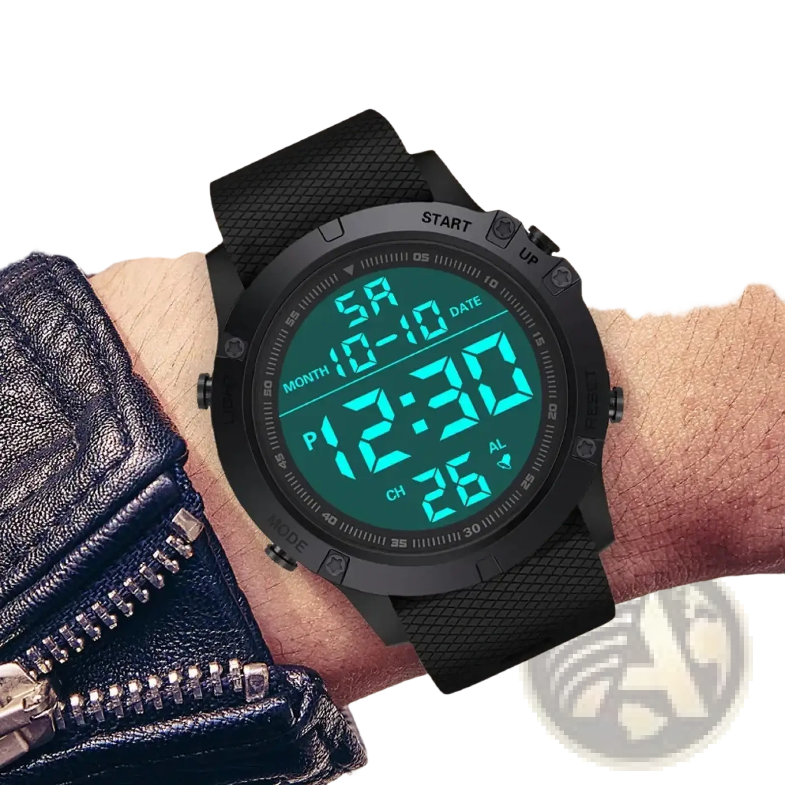 Tactical waterproof digital sports watch in black with textured rubber strap and glowing teal led time and alarm display