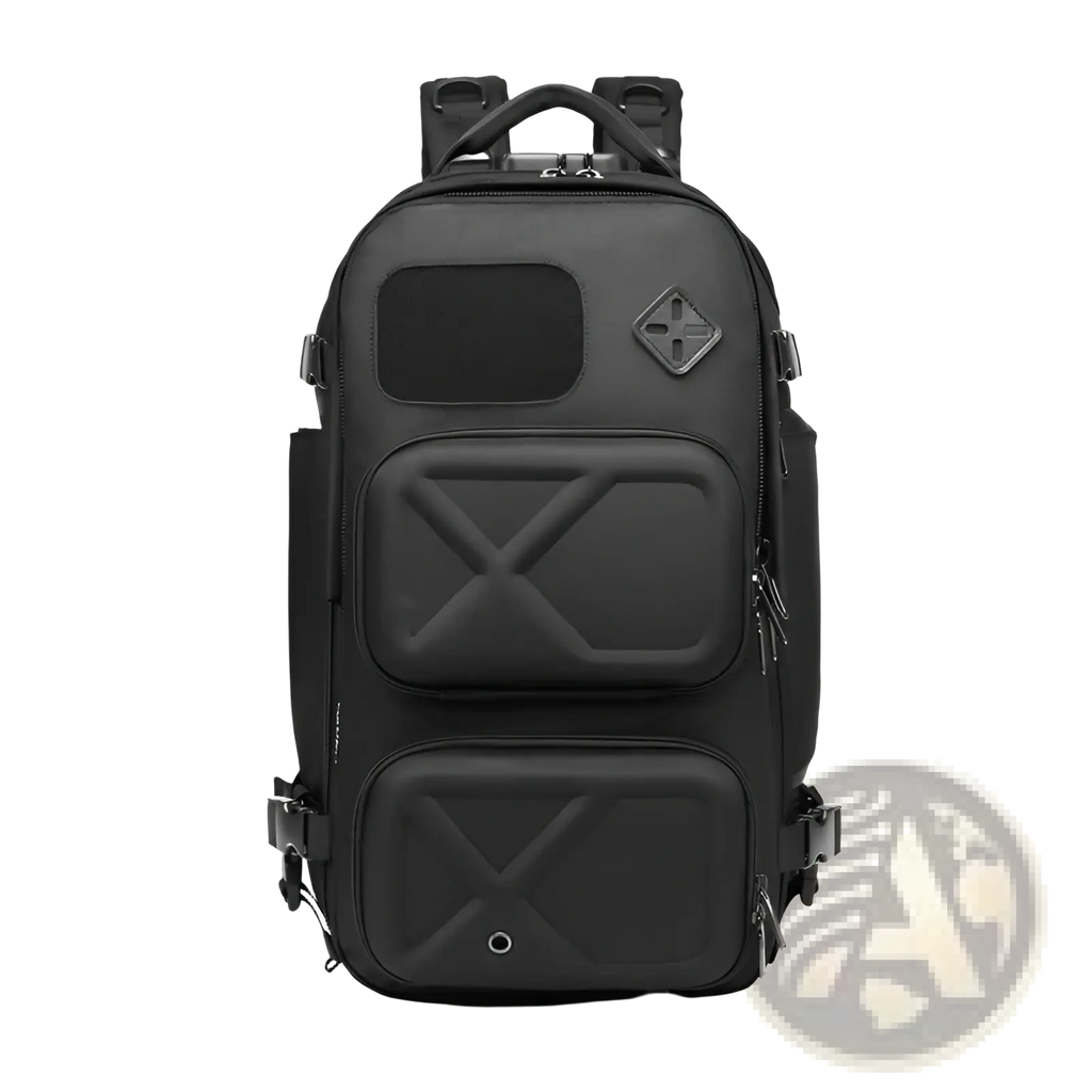 Black tactical waterproof laptop backpack with textured fabric and reinforced stitching designed for durability