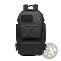 Black tactical waterproof laptop backpack with textured fabric and reinforced stitching designed for durability