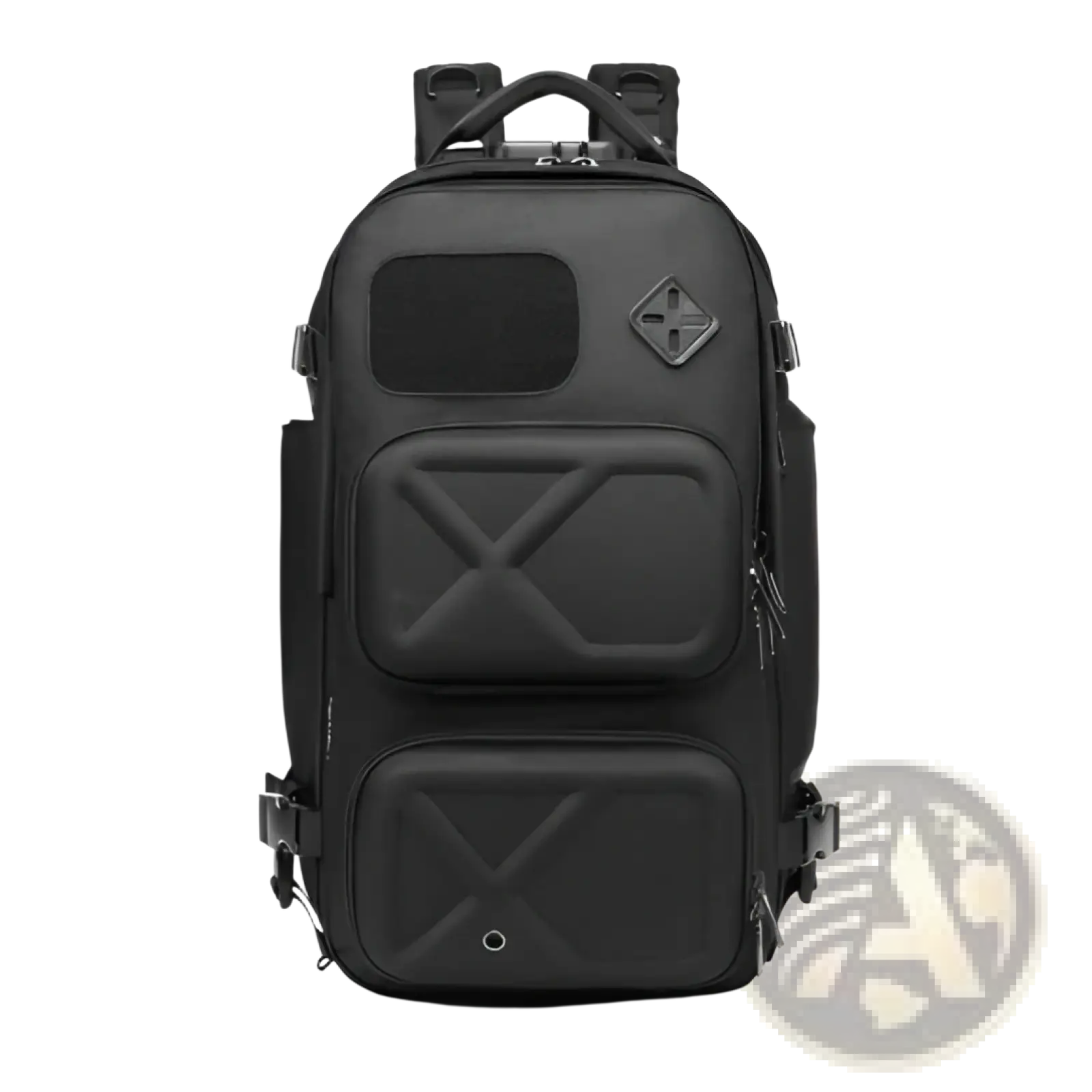 Black tactical waterproof laptop backpack with reinforced stitching and geometric paneling shown from the back side