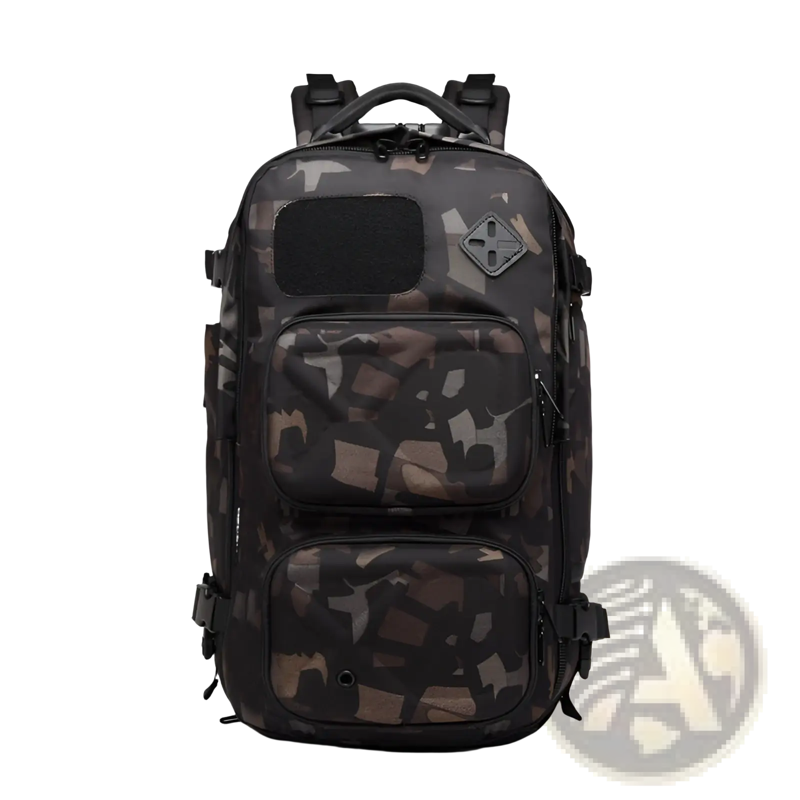 Tactical waterproof laptop backpack with waist bag in black and brown camouflage pattern and multiple zippered compartments