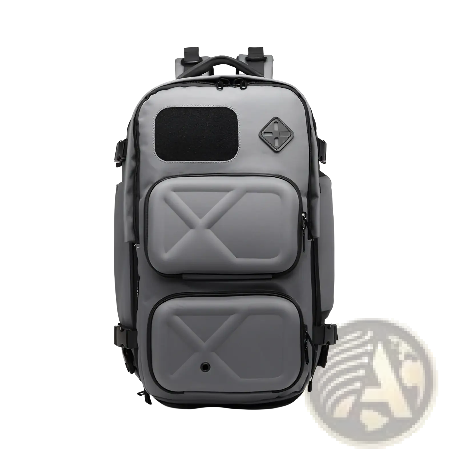 Gray tactical waterproof laptop backpack with black zippers and diamond-shaped logo featuring an attached waist bag