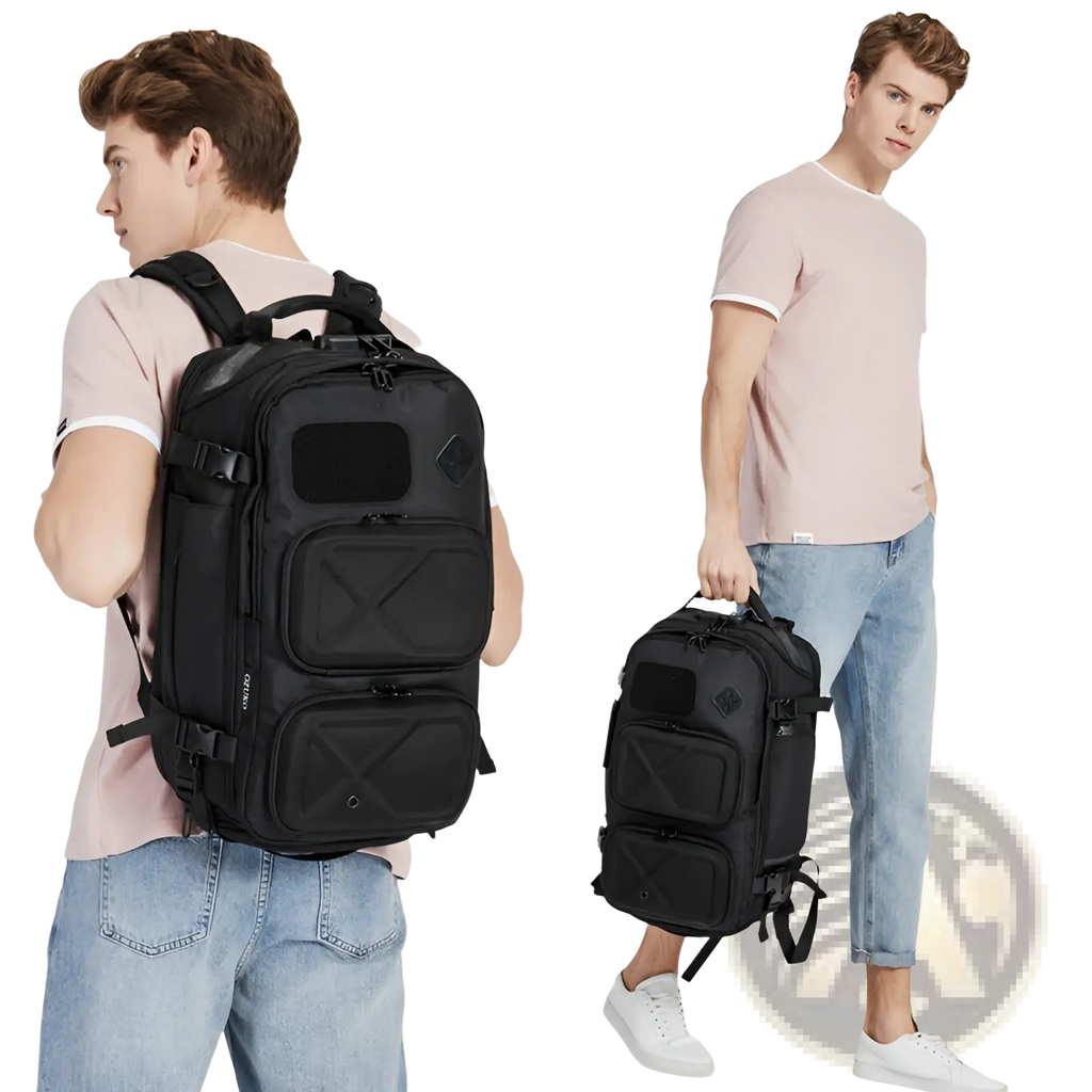 Black tactical waterproof laptop backpack with reinforced stitching and multiple zippered compartments including waist bag