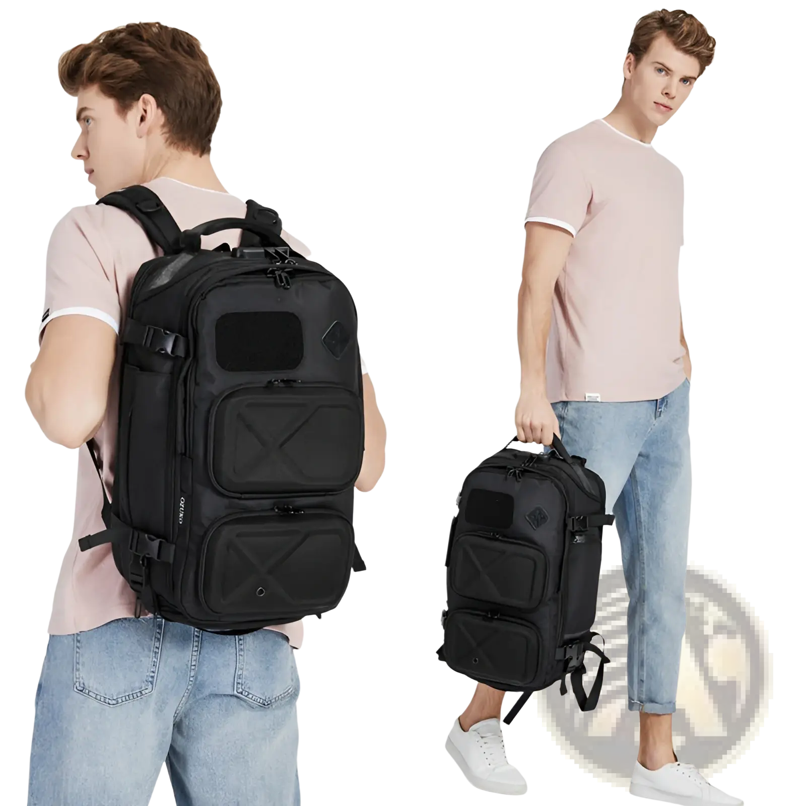 Black tactical waterproof laptop backpack with reinforced stitching and multiple zippered compartments including waist bag