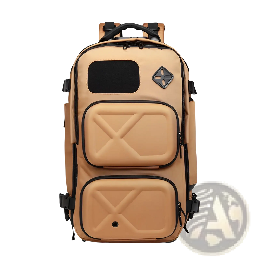 Tan tactical waterproof laptop backpack with black zippers reinforced straps and diamond shaped logo patch shown from back
