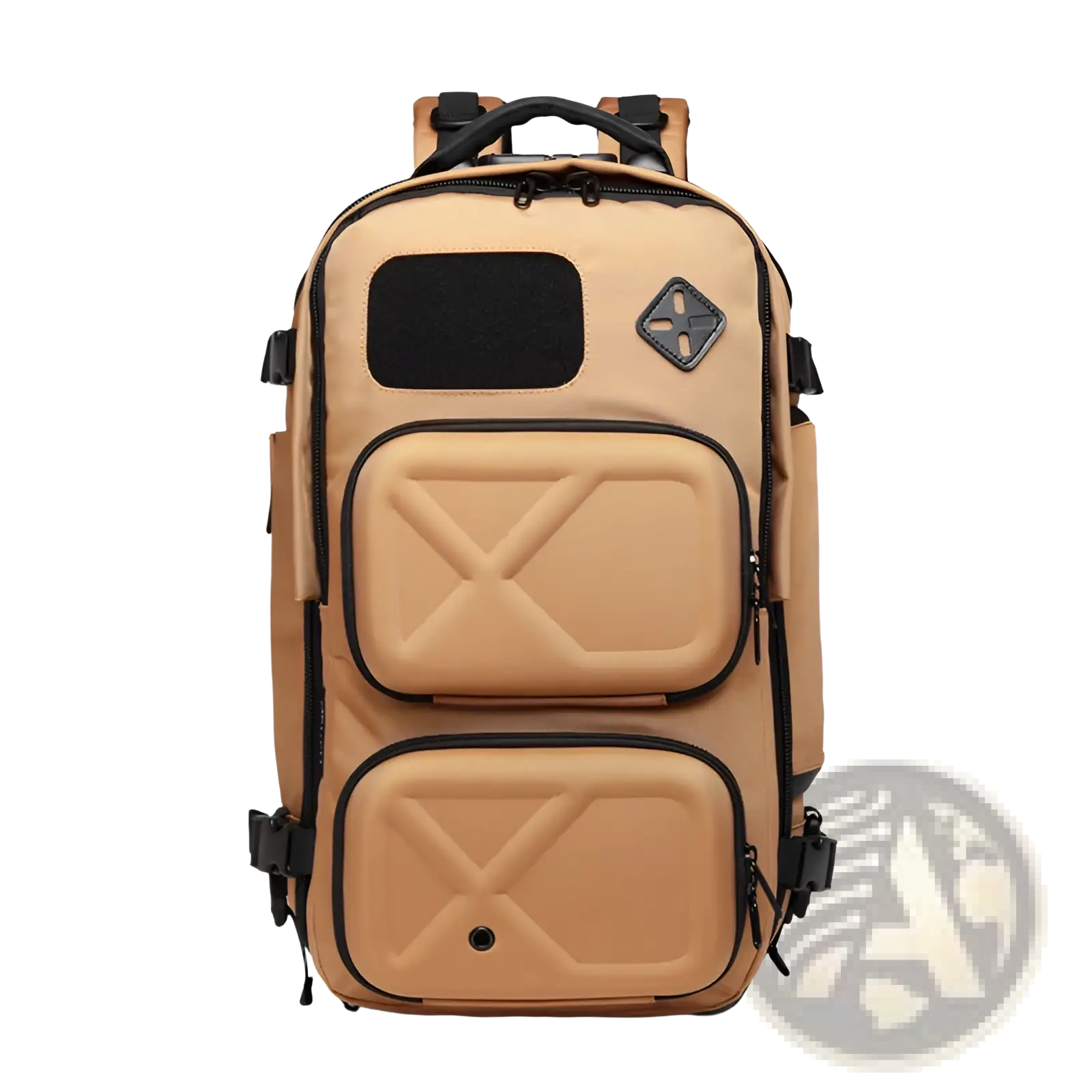 Tan tactical waterproof laptop backpack with black zippers reinforced straps and diamond shaped logo patch shown from back