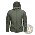Olive green tactical waterproof softshell fleece jacket with hood and zippered chest and arm pockets