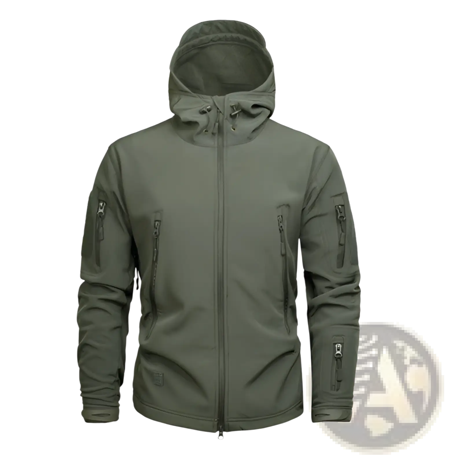 Olive green tactical waterproof softshell fleece jacket with hood and zippered chest and arm pockets