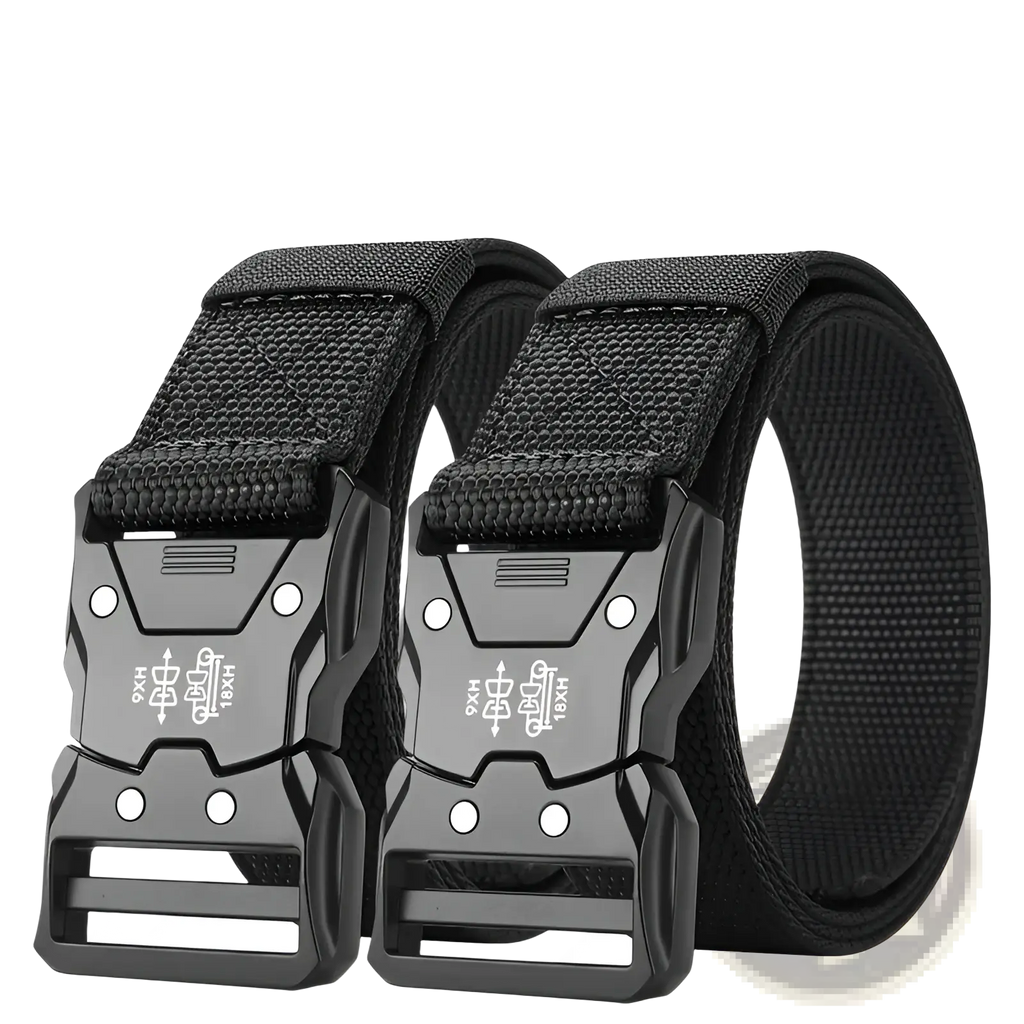 Black tactical web belt with durable woven fabric strap and matte black embossed quick release buckle for mens training